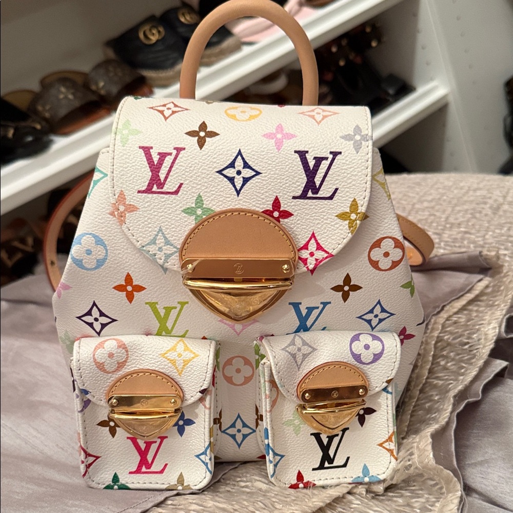 Louis Vuitton White Multicolor Monogram Mini Backpack with Tan Trim